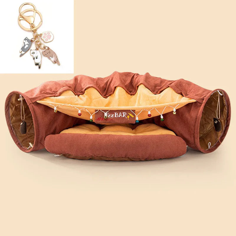 Collapsible cloth cat tunnel for play, shown in one of four colours: Bar, Coffee, Matcha, or Pink.