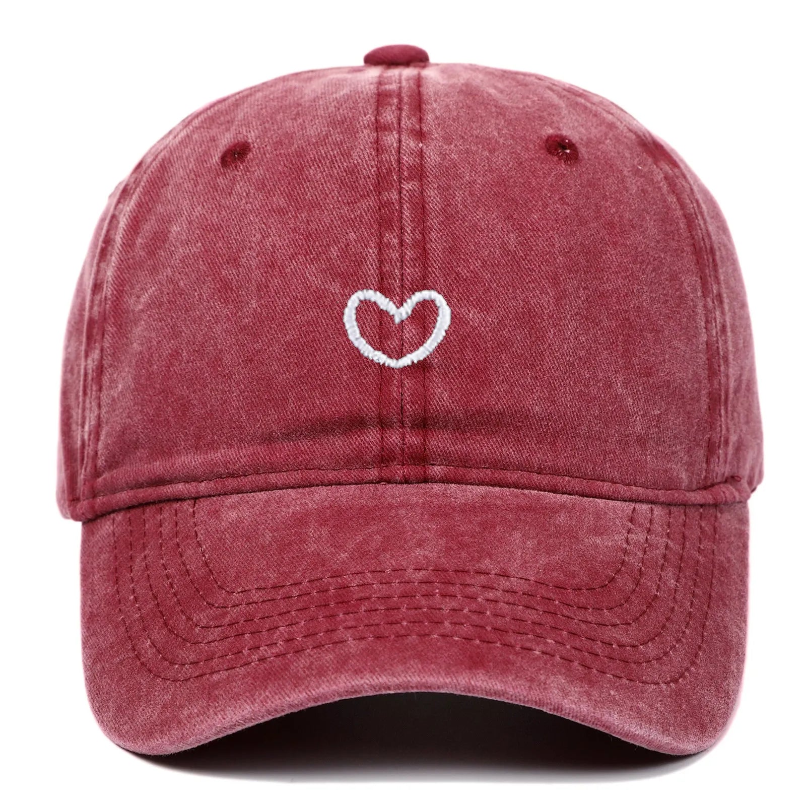 Retro style baseball cap with small love embroidery on cotton fabric in an adjustable dome crown design.