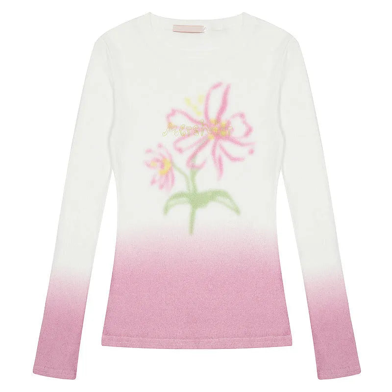 Women's yellow green gradient flower print long sleeve t-shirt made from thin polyester fabric.
