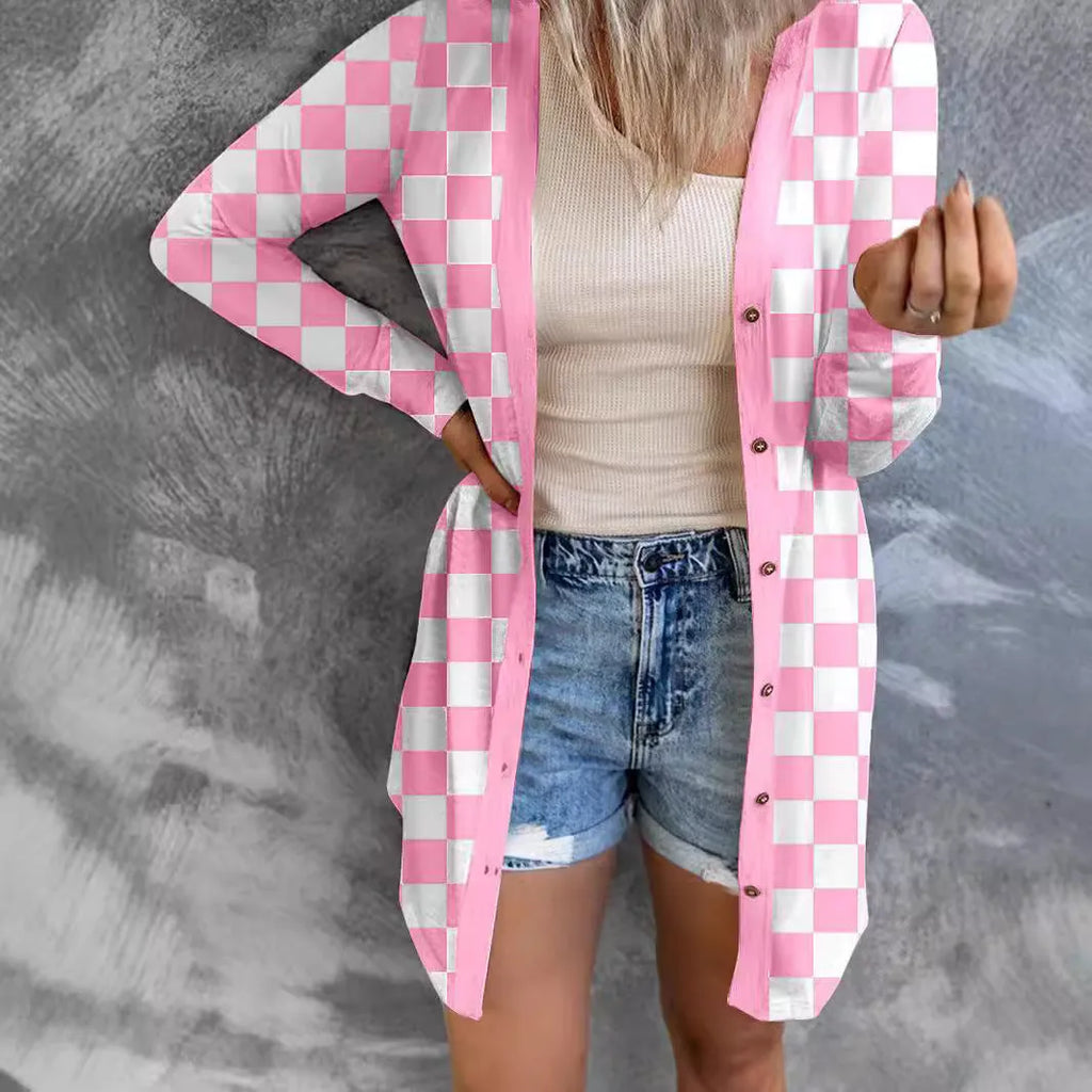 Women's long grey plaid knitted coat cardigan with contrasting colour blocks, loose fit, and regular sleeves.