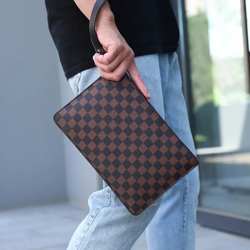 Men's soft black checkered PU leather clutch wallet showing card slots and zipper pocket