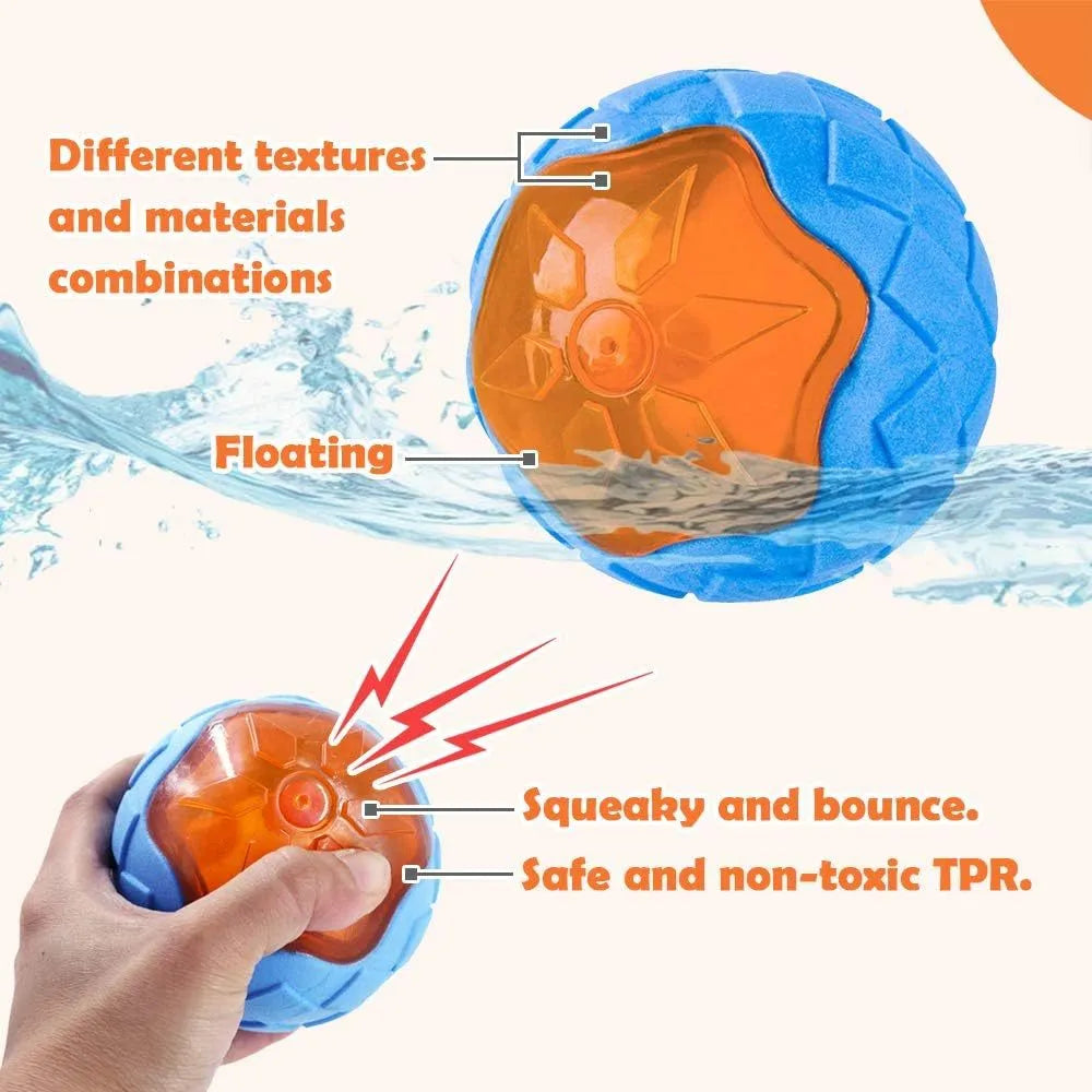 Set of three TPR dog toys: a blue squeaky ball, an orange barbell, and red tyres on grass.