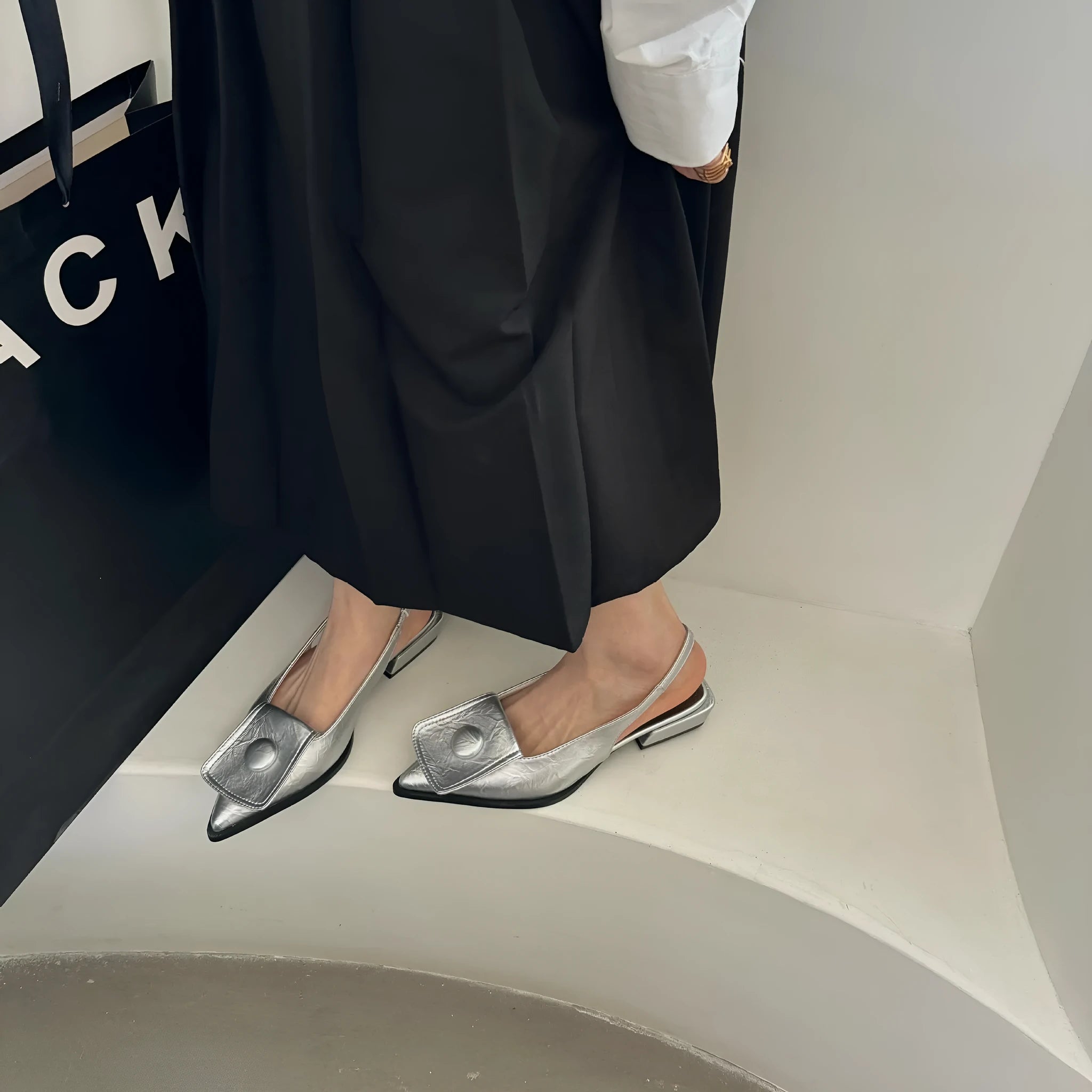 Women's low heel closed toe sandals with pointed toe and back ankle strap in four colour options