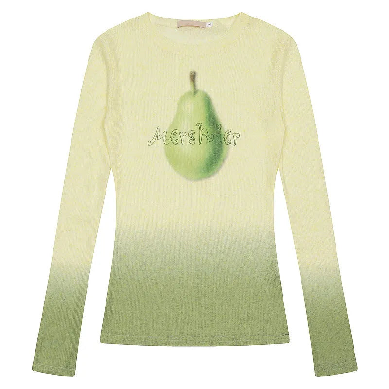 Women's yellow green gradient flower print long sleeve t-shirt made from thin polyester fabric.