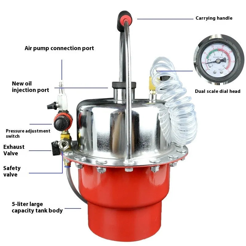 Pneumatic brake fluid replacement machine with large steel tank, pressure gauge, regulator, and transparent drain pipe.