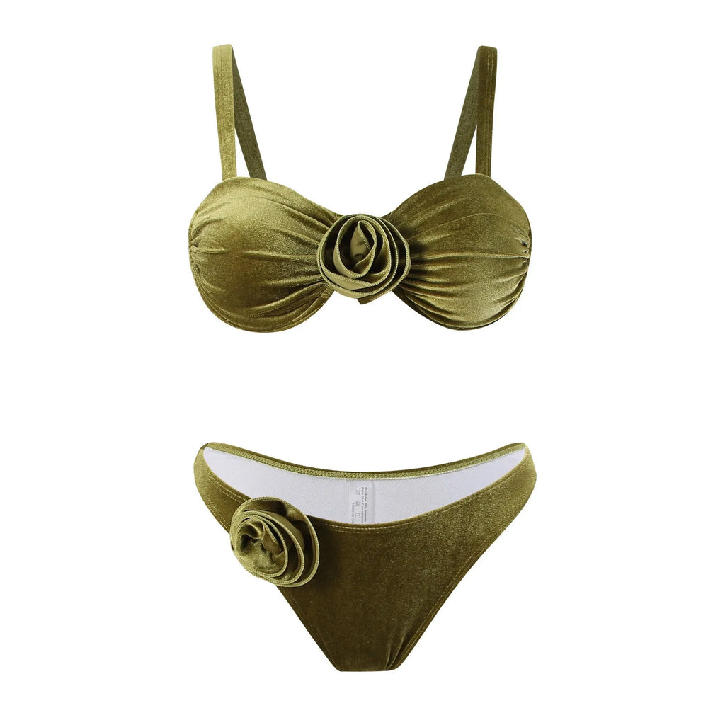 Green women's two-piece swimsuit with 3D flower pattern, briefs style