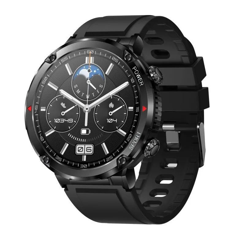 T30 Smart Watch with black silicone strap on a wrist, showing a large circular screen displaying health metrics.
