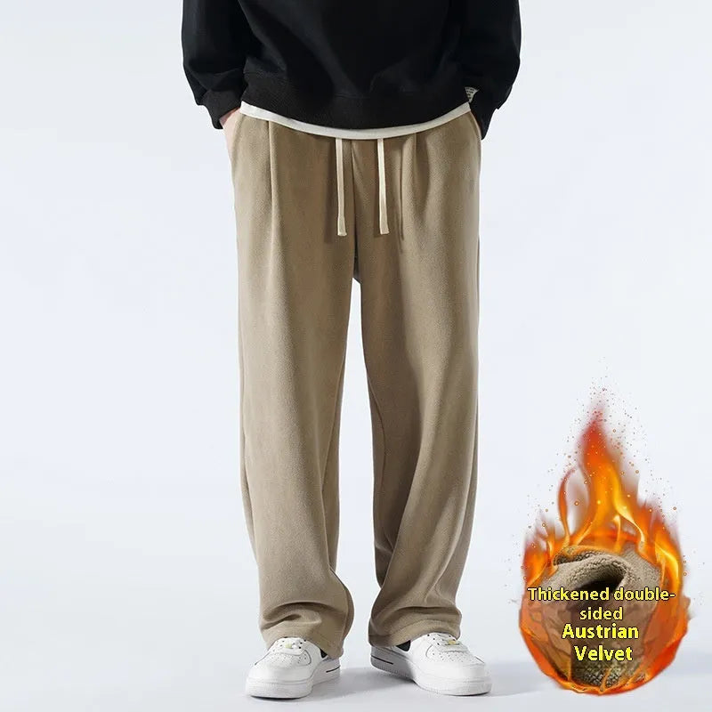 Men's apricot coloured double-sided polar fleece casual trousers with a loose fit and drawstring waist.