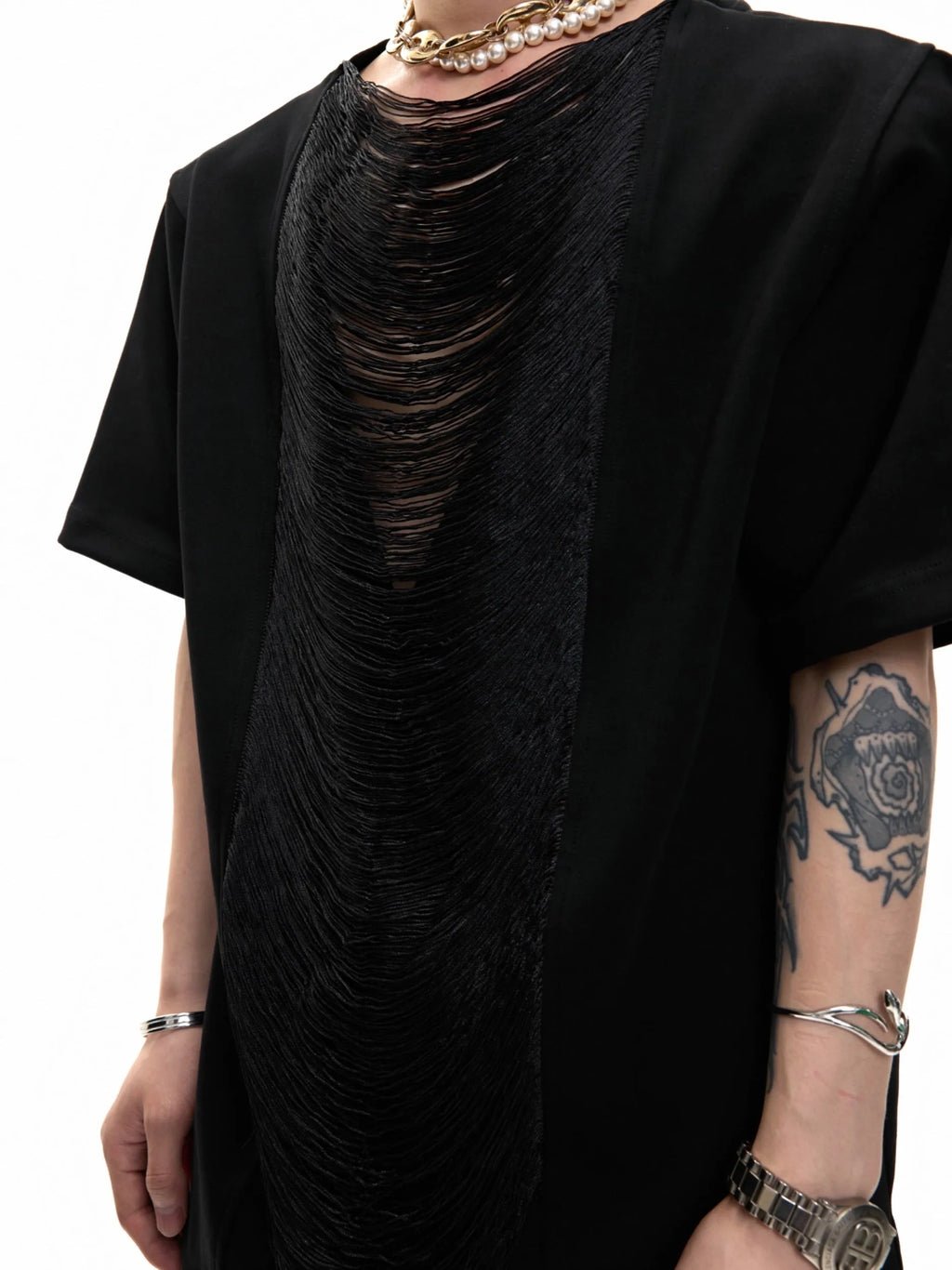 Men's drum black V-neck t-shirt with hollow out design and loose fit