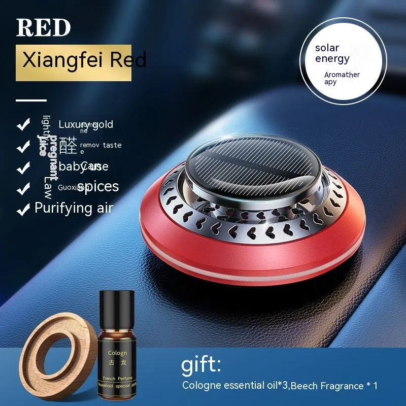 Solar-powered car air freshener with aluminium alloy housing and rotating fan