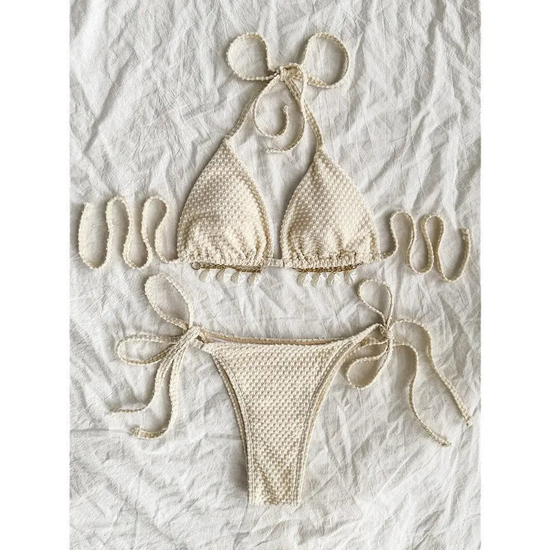 Women's halter lace-up bikini set in polyester, available in Milky White, Green, and White, sizes S to XL
