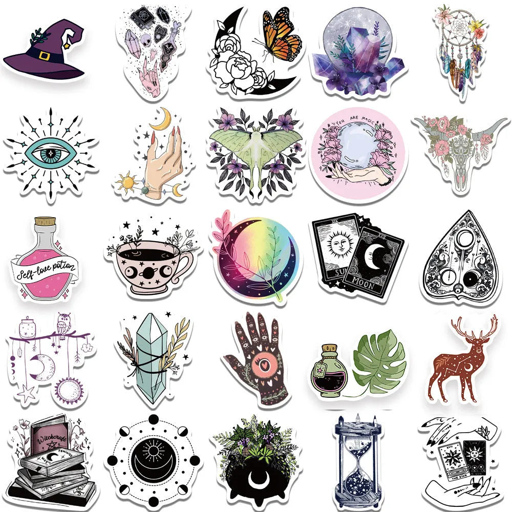 50-pack bohemian wizard graffiti stickers printed on PVC matte film, retro style, sizes 5-7cm
