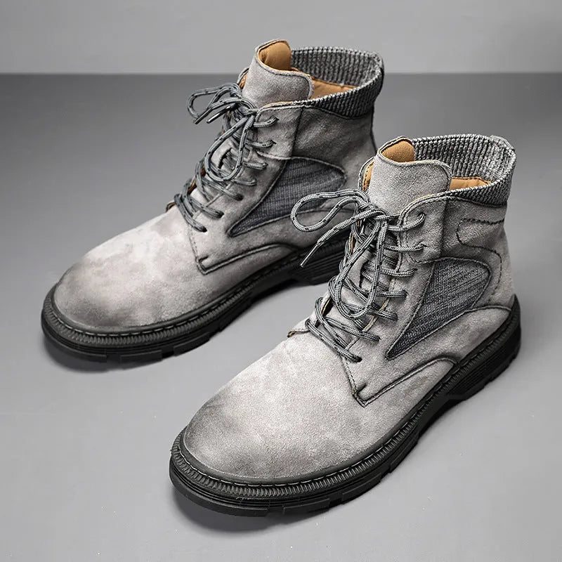 Men's vintage Martin boots with frosted leather texture and low thick rubber heel