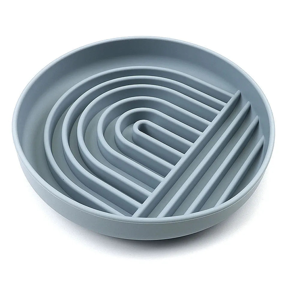 Silicone slow feeder dog bowl with ridges, shown in beige colour, 19cm diameter
