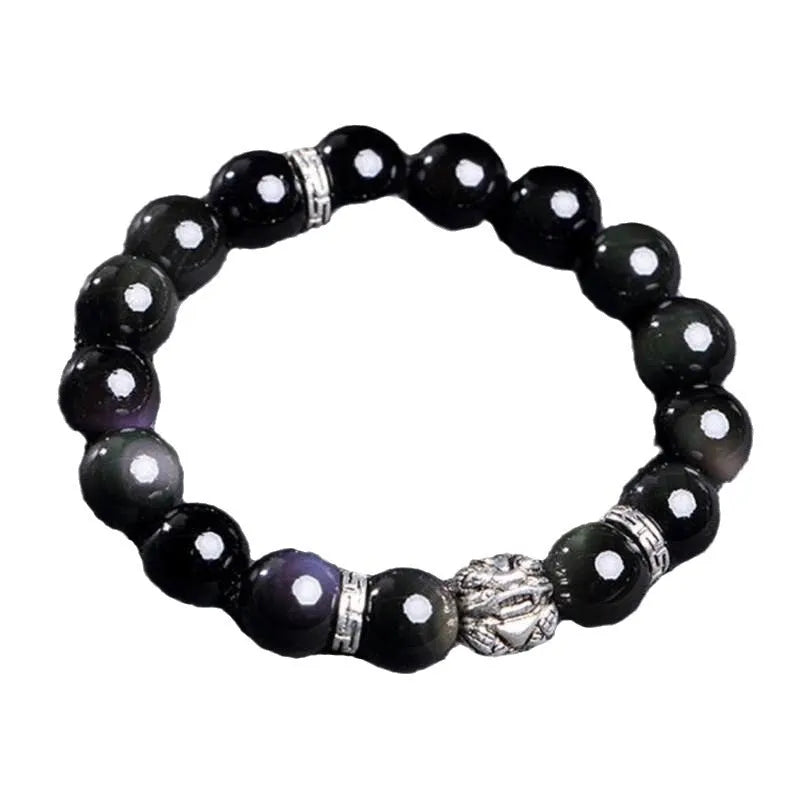 Natural obsidian stone bead bracelet with a silver clasp, shown in male 12mm and female 10mm size options.