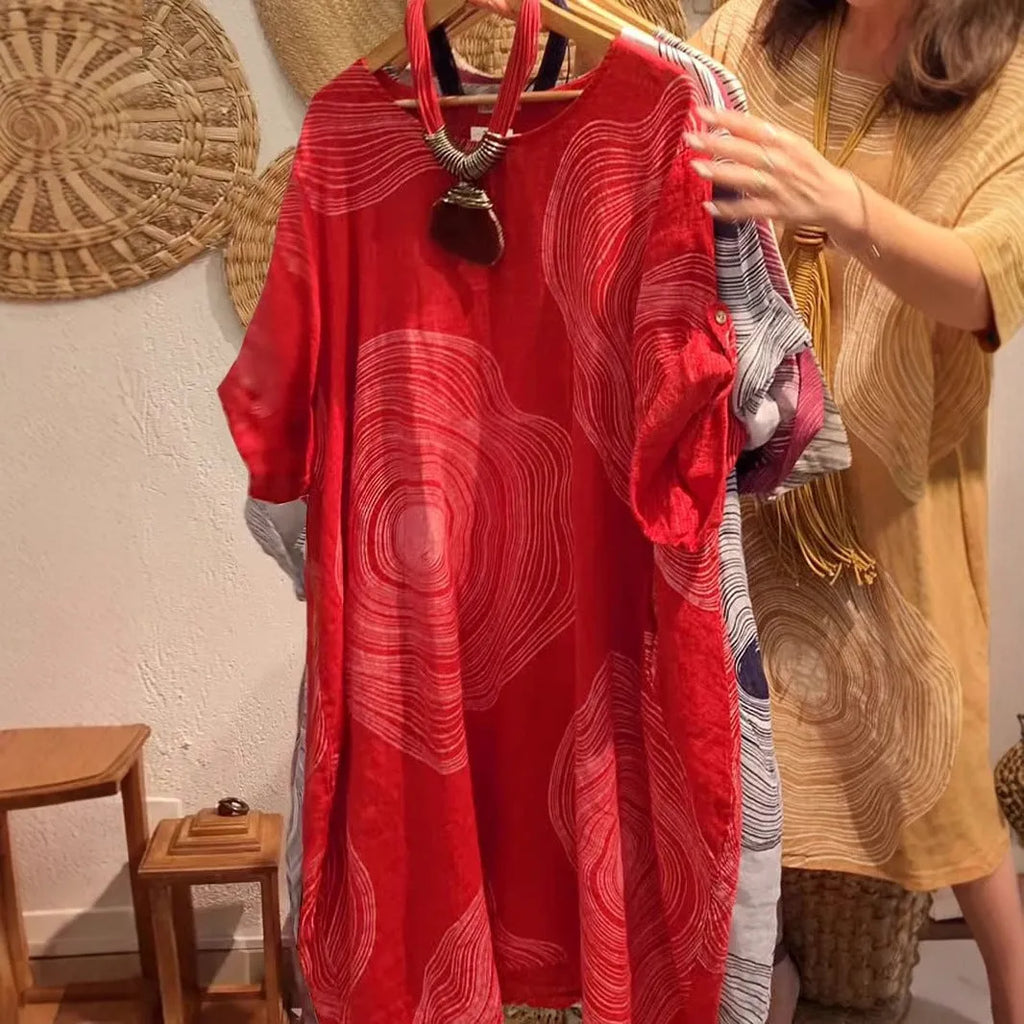 Women's round neck abstract printing sleeve dress with A-line skirt in red, polyester fabric
