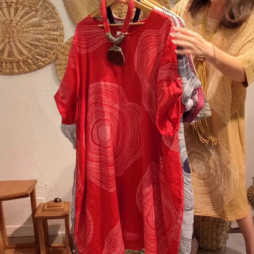 Women's round neck abstract printing sleeve dress with A-line skirt in red, polyester fabric