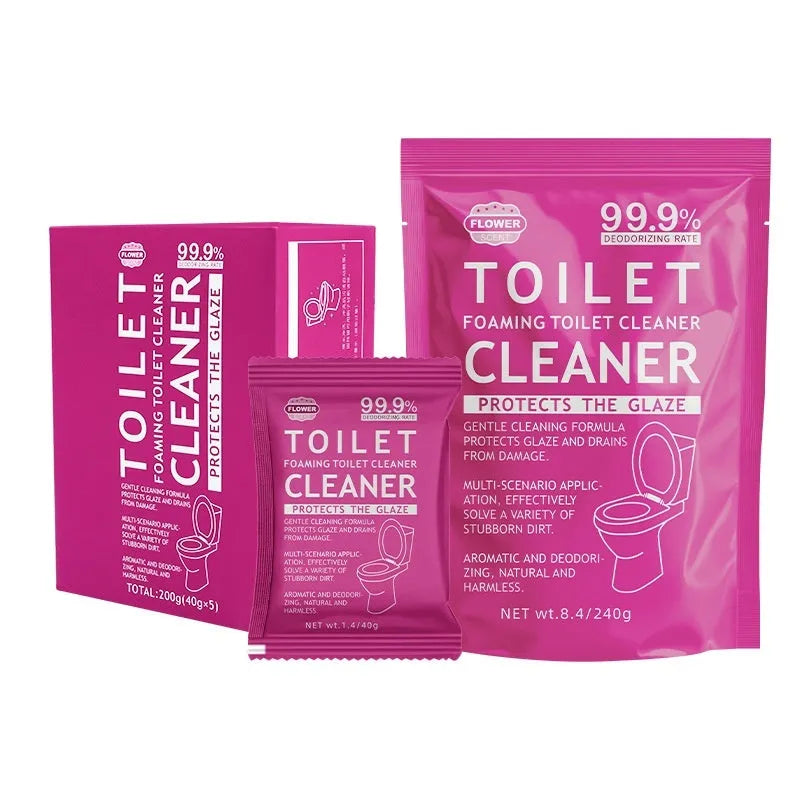 Toilet bubble powder in pink floral and blue ocean fragrance, showing 240g bag and box of five 40g sachets.