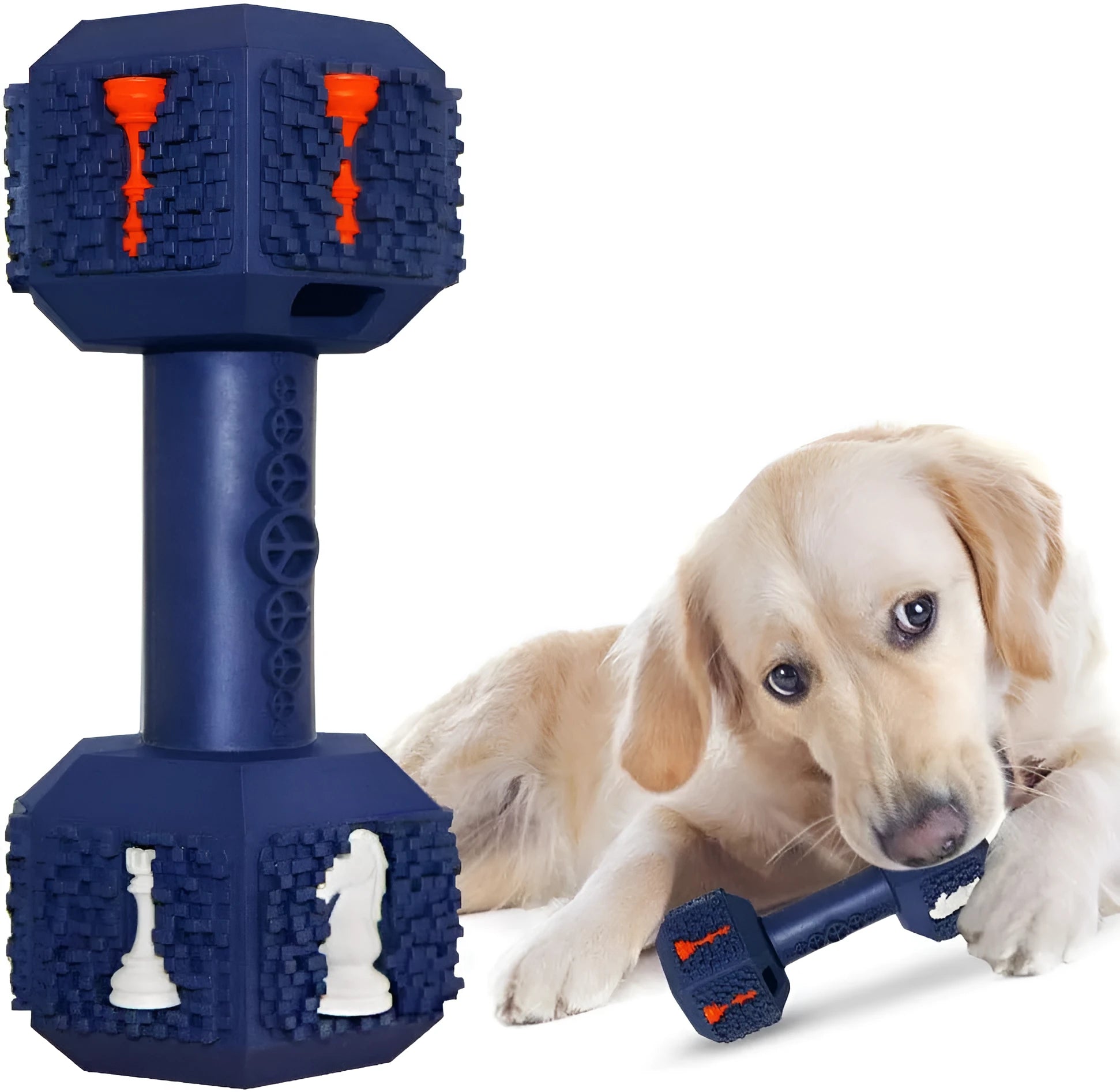 Black and blue rubber dumbbell dog chew toy with textured surface for aggressive chewers