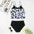 Women's high-waisted double-layer swimsuit with coconut tree floral pattern and solid black options