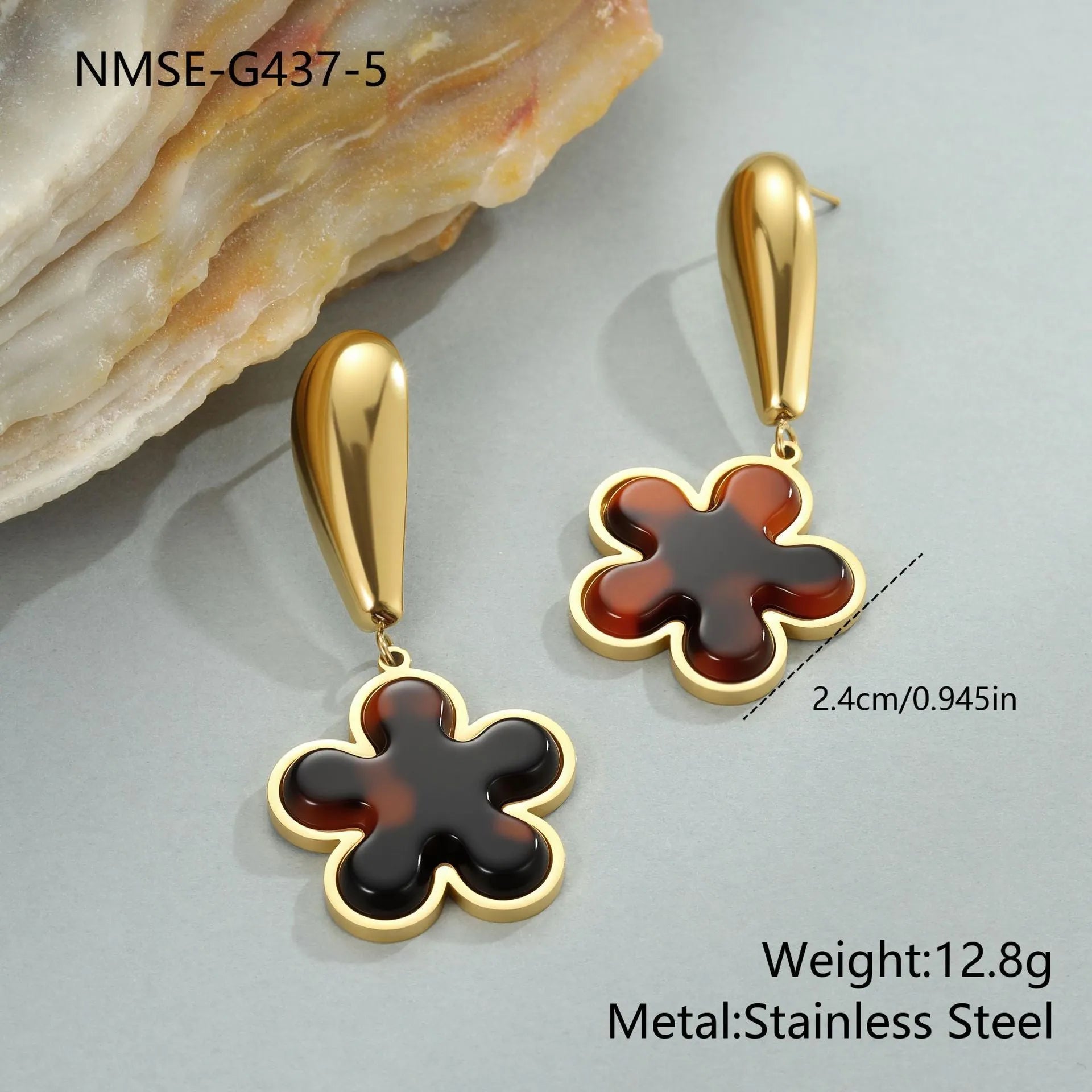 Women's tortoiseshell resin hawksbill colour earrings in heart and flower geometric designs on 18K electroplated stainless steel.