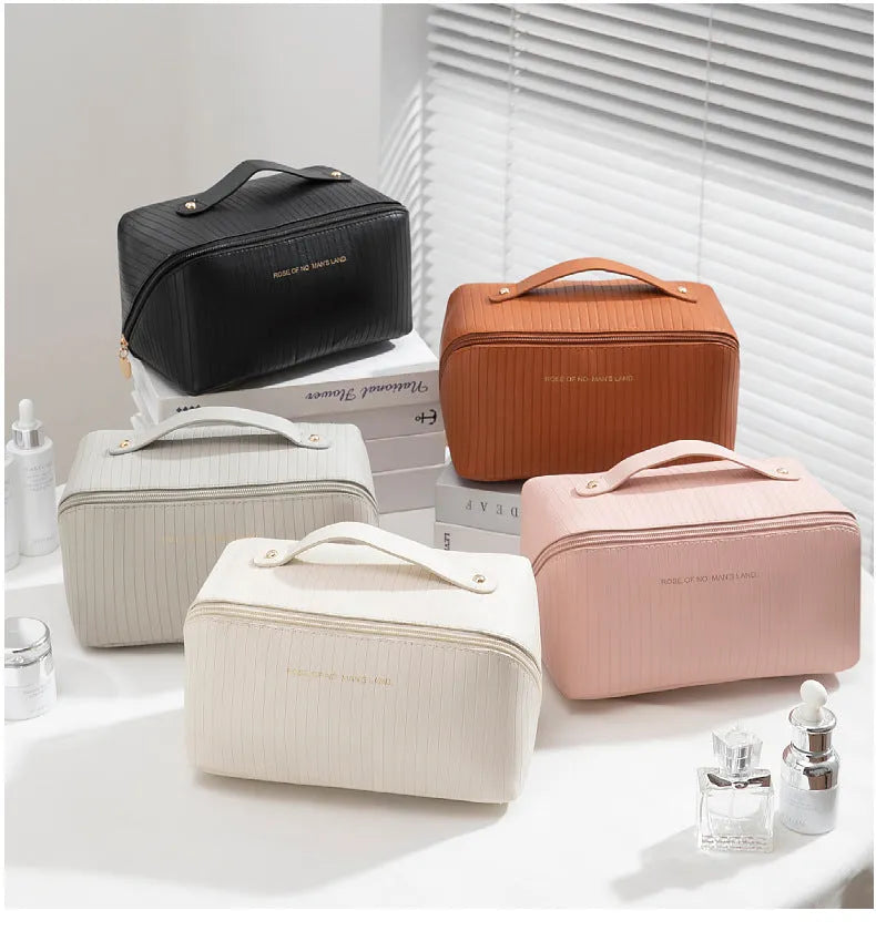 Vertical pattern cubic makeup bag in PU leather measuring 22.5 x 12.5 x 12.5 cm
