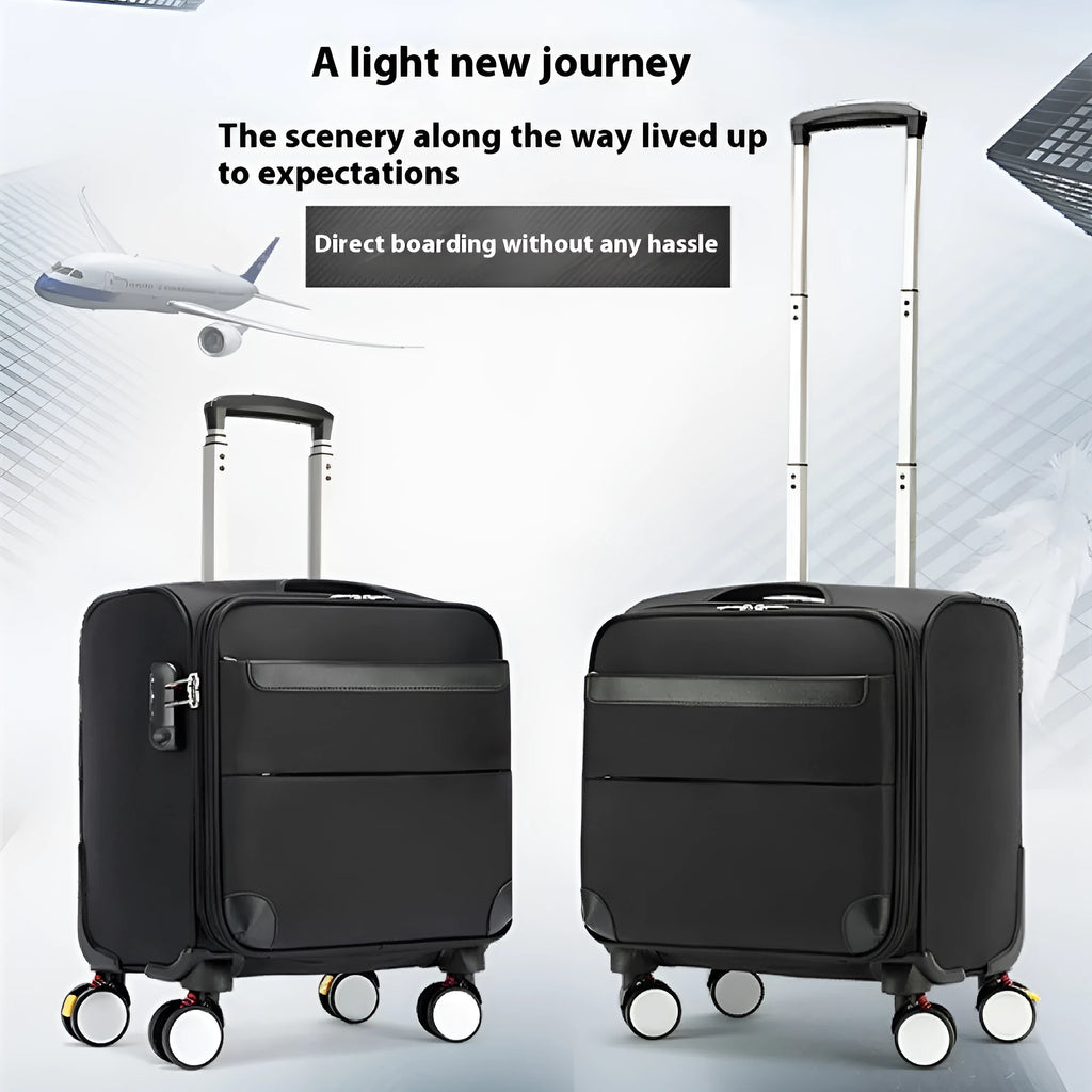 Black 18-inch Oxford cloth carry-on suitcase with wheels and pull handle for business travel.