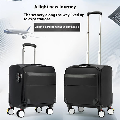 Black 18-inch Oxford cloth carry-on suitcase with wheels and pull handle for business travel.