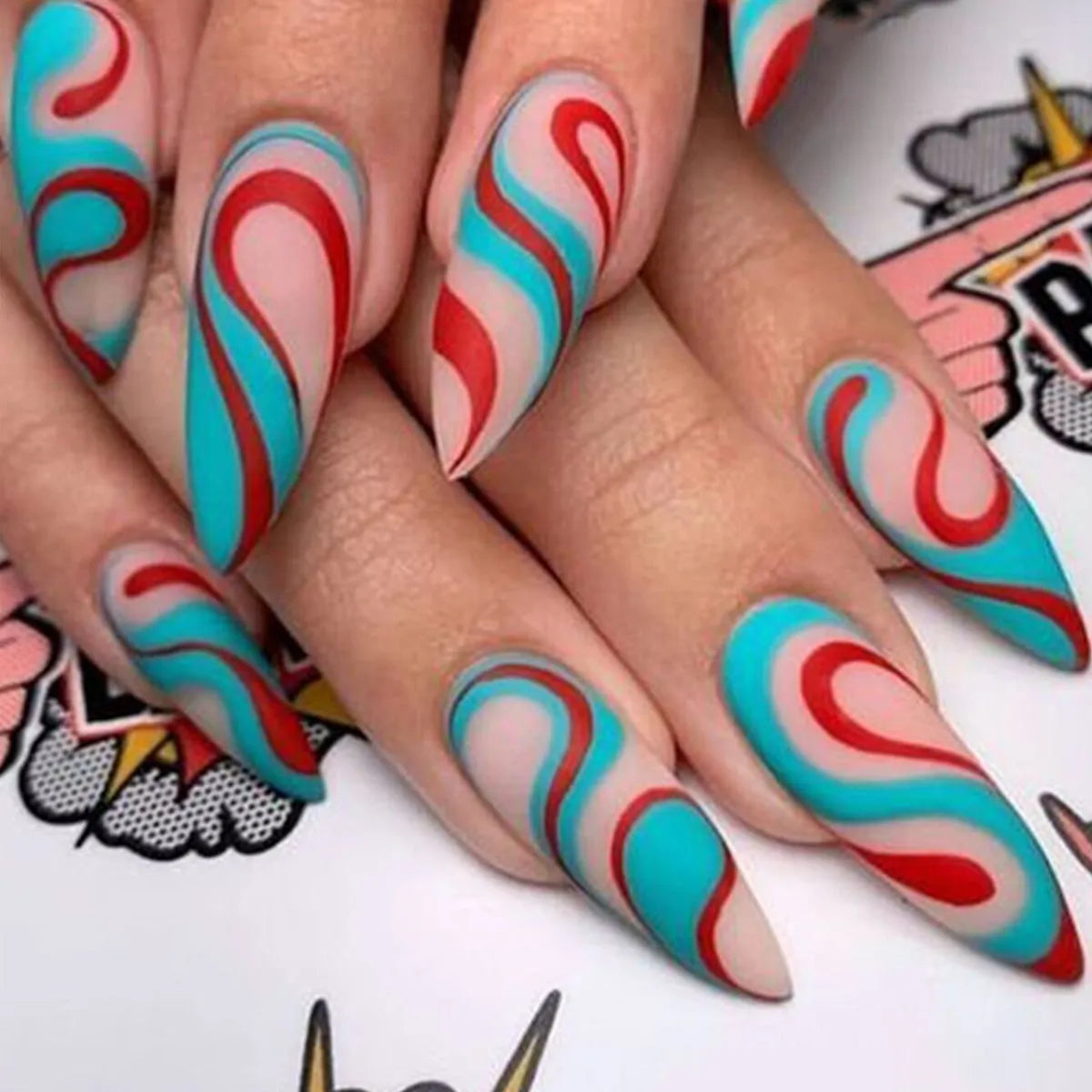 Almond-shaped rainbow nail stickers showing plaid and French ripple patterns in European Square style