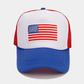 Red and blue contrast mesh baseball cap with adjustable strap on a dome crown.