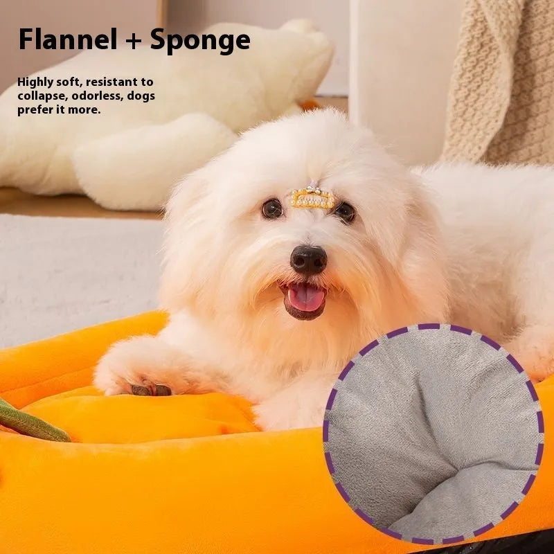Removable washable cloth dog bed mat in purple, orange, brown, and grey colours
