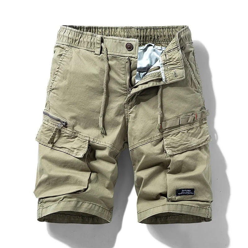 Men's cotton shorts with zipper and multiple pockets in Army Green colour.