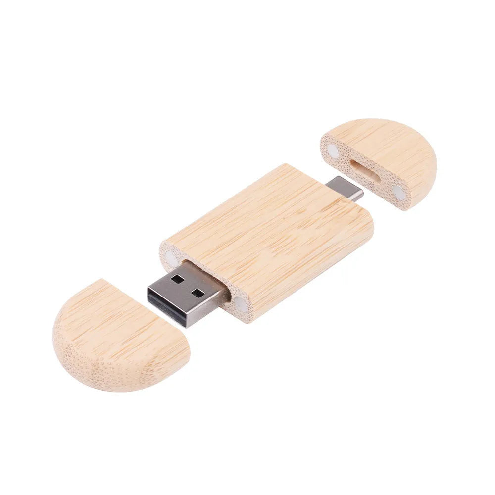 Maple wood carved USB flash drive with Type-C phone connector showing custom engraving