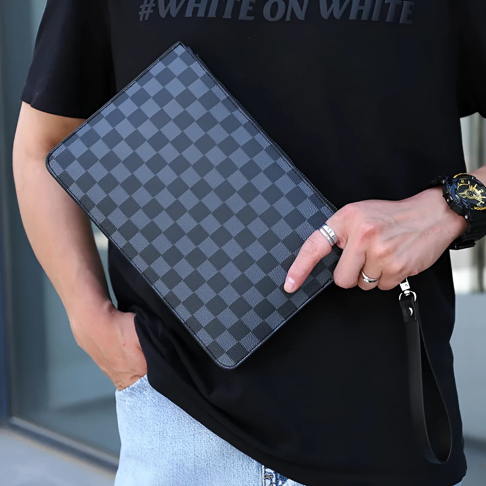 Men's soft black checkered PU leather clutch wallet showing card slots and zipper pocket