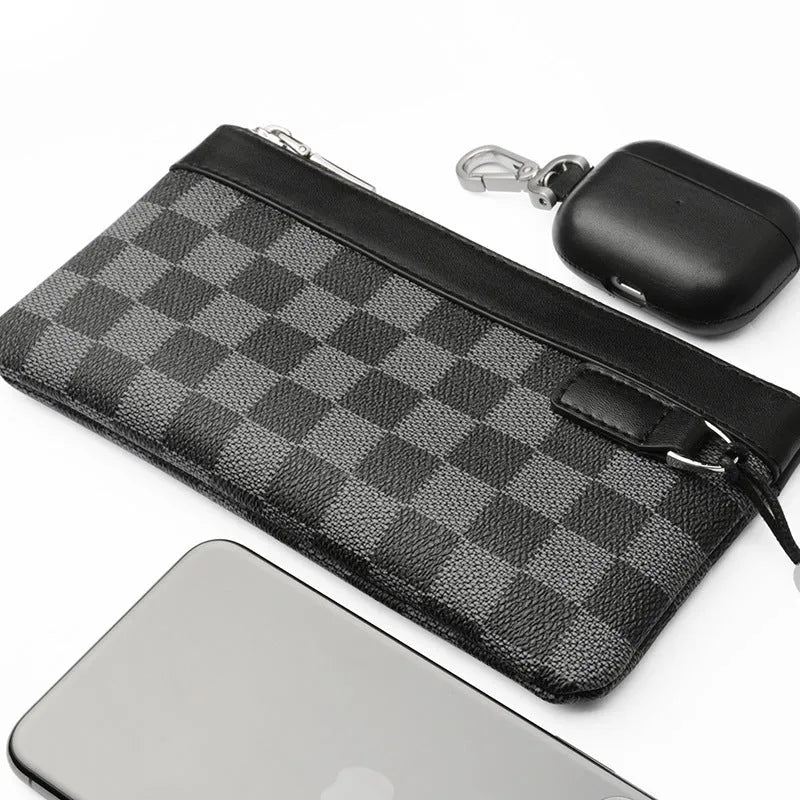 Black genuine leather men's clutch wallet showing cowhide texture and 20x10cm dimensions