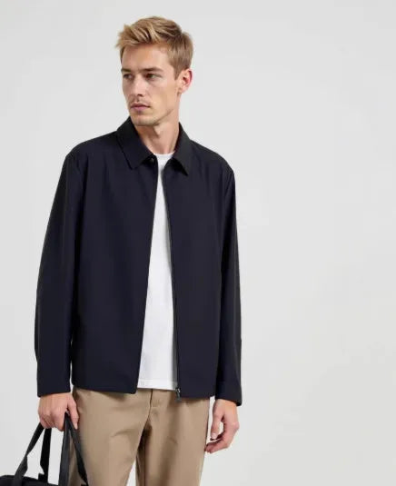 Lightweight navy blue summer business coat with SPF protection on a hanger, showing regular fit.