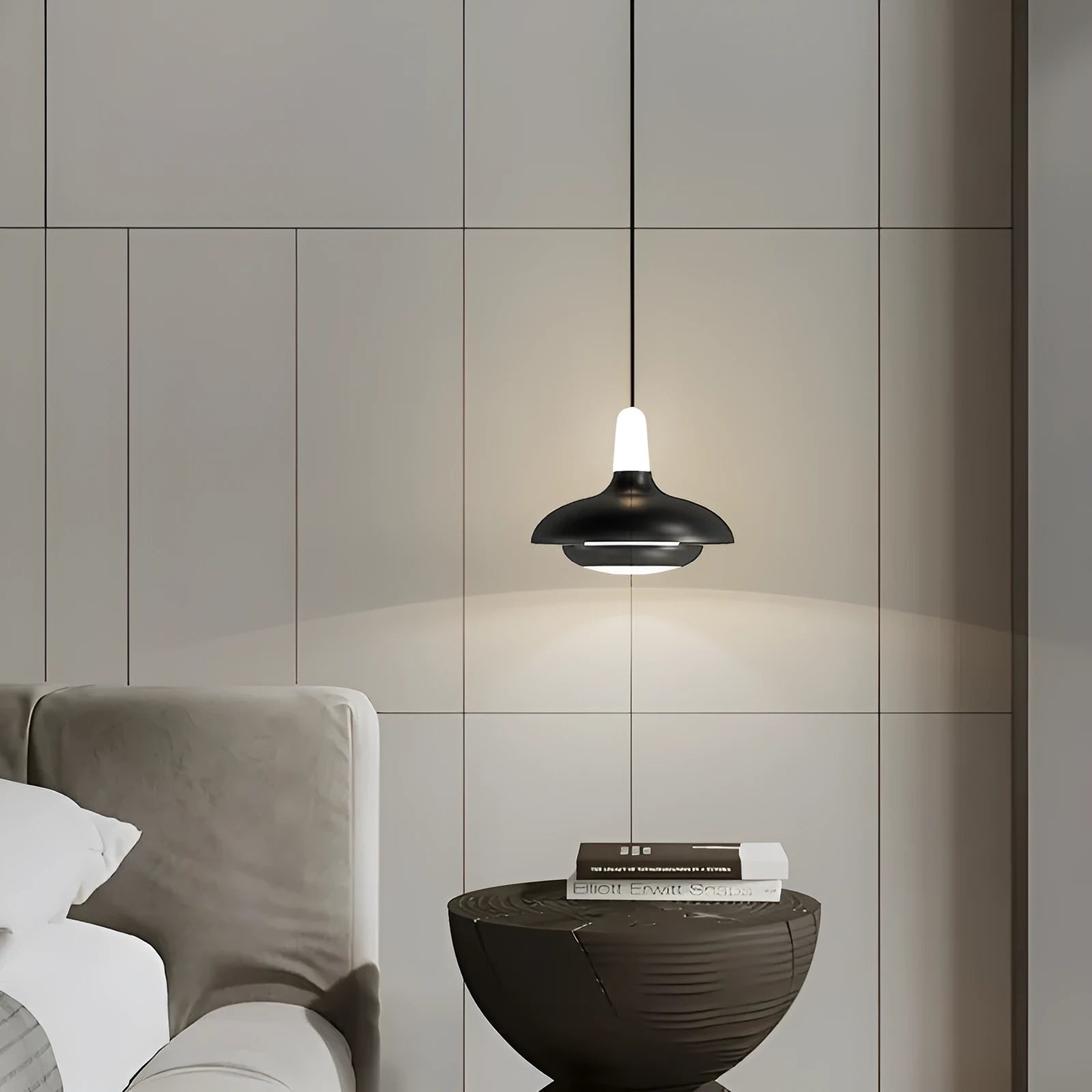 Modern adjustable bedside pendant light in Nordic minimalist design with three light colour options