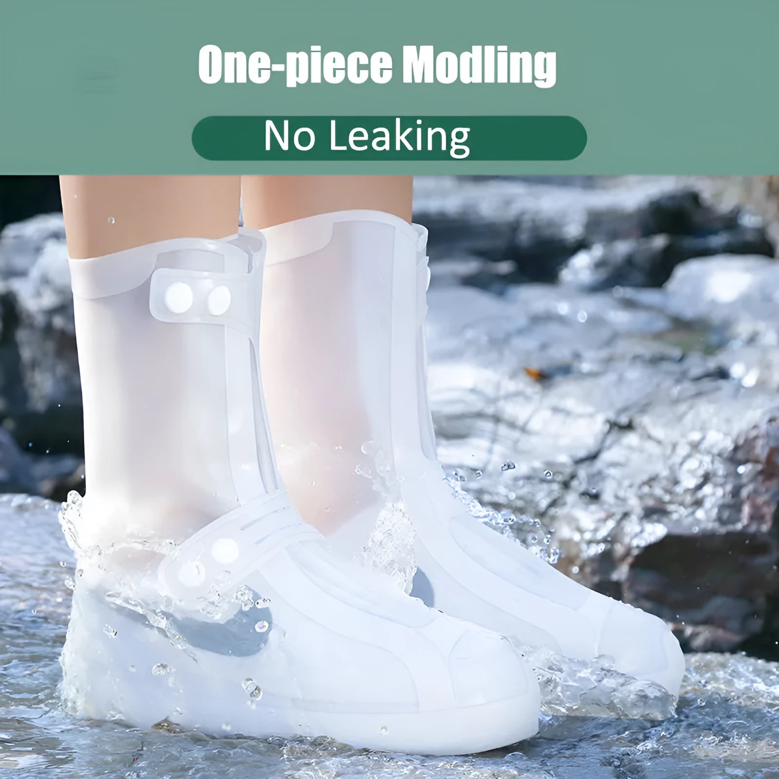 White high-top PVC reusable shoe covers for women, water resistant and anti-skid.