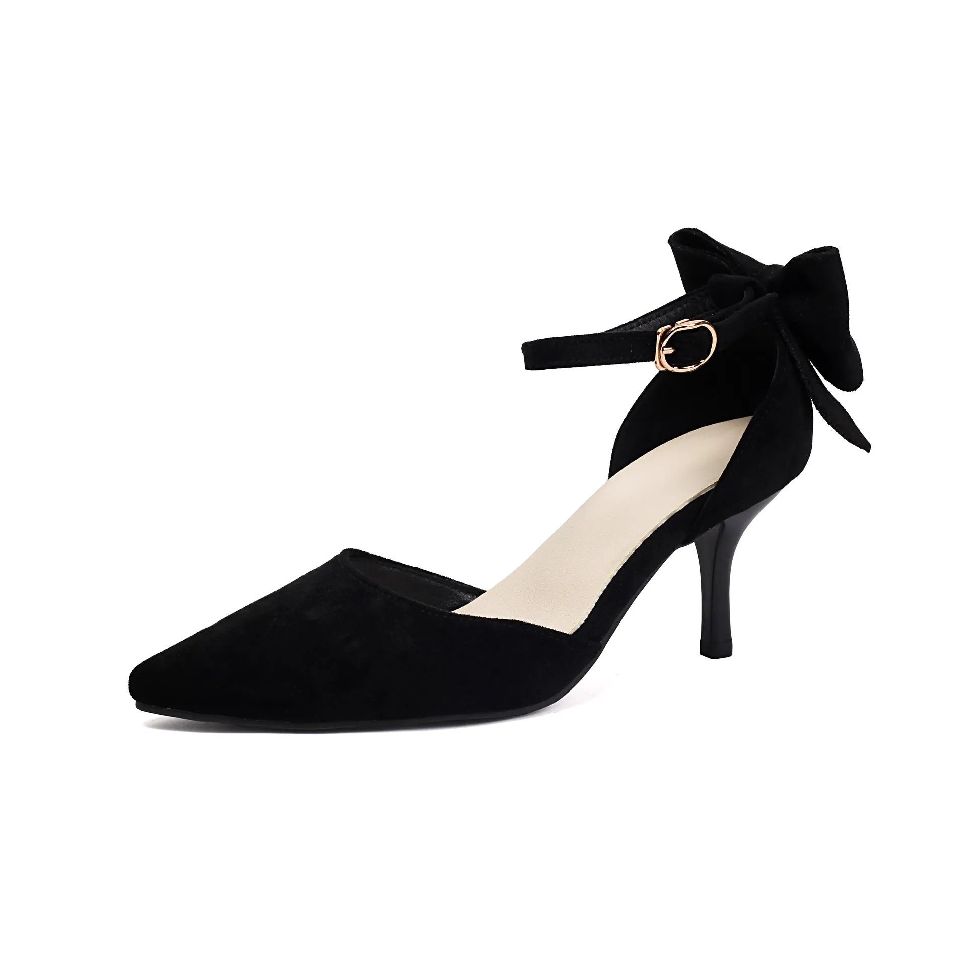 Black suede stiletto high heels with pointed toe, ankle buckle, and decorative bow knot.