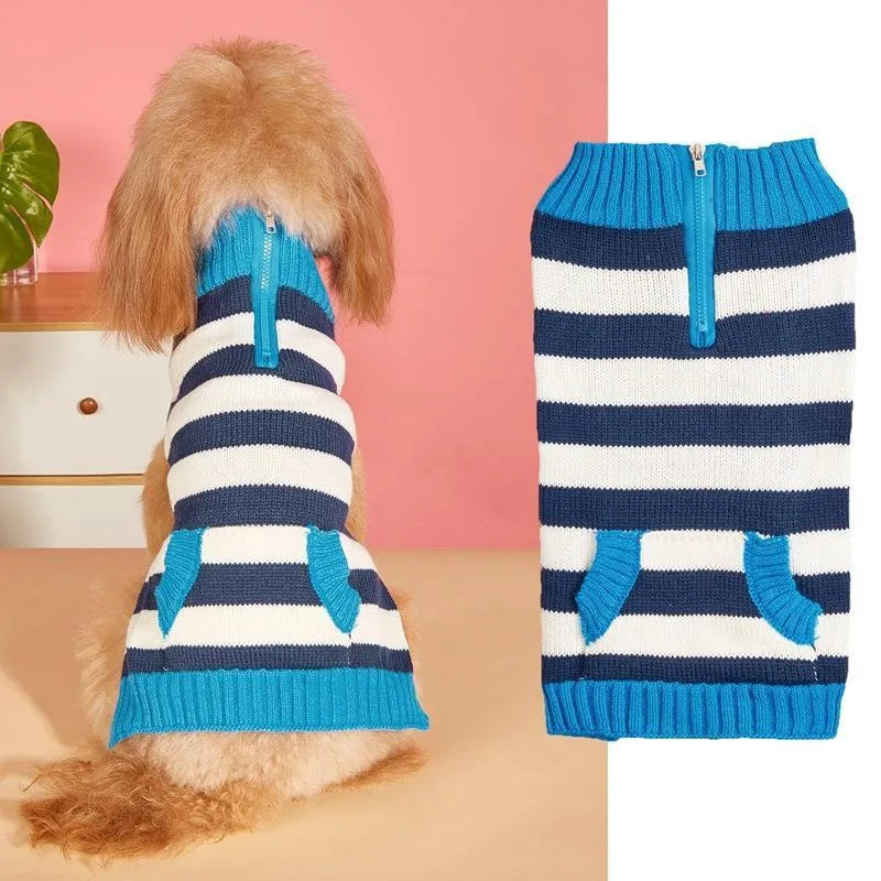 Grey dog sweater with horizontal zipper and contrast colour button pocket on small dog