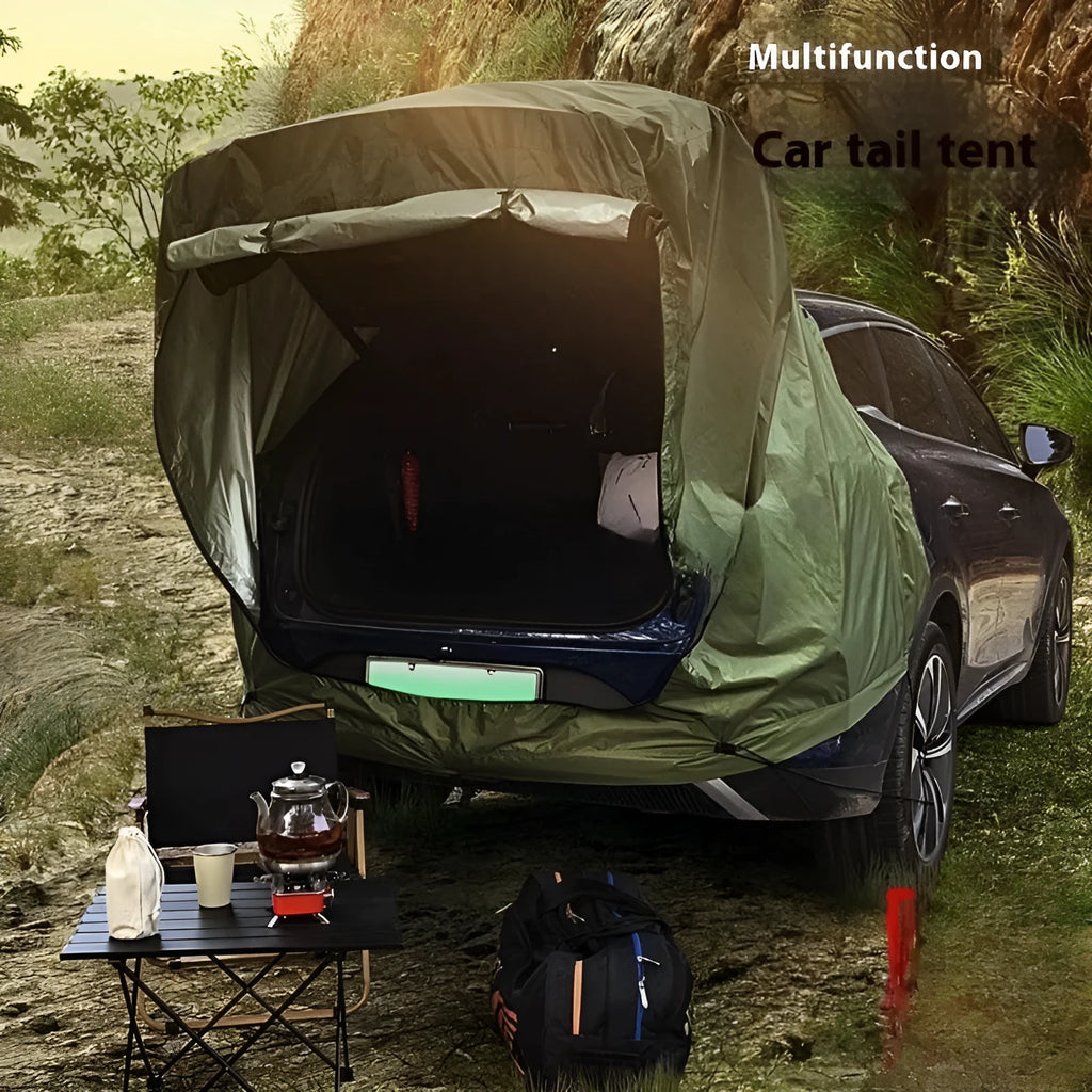 Outdoor camping rear tent extension in army green with jackstay and reflective wind rope for roof-mounted shelter