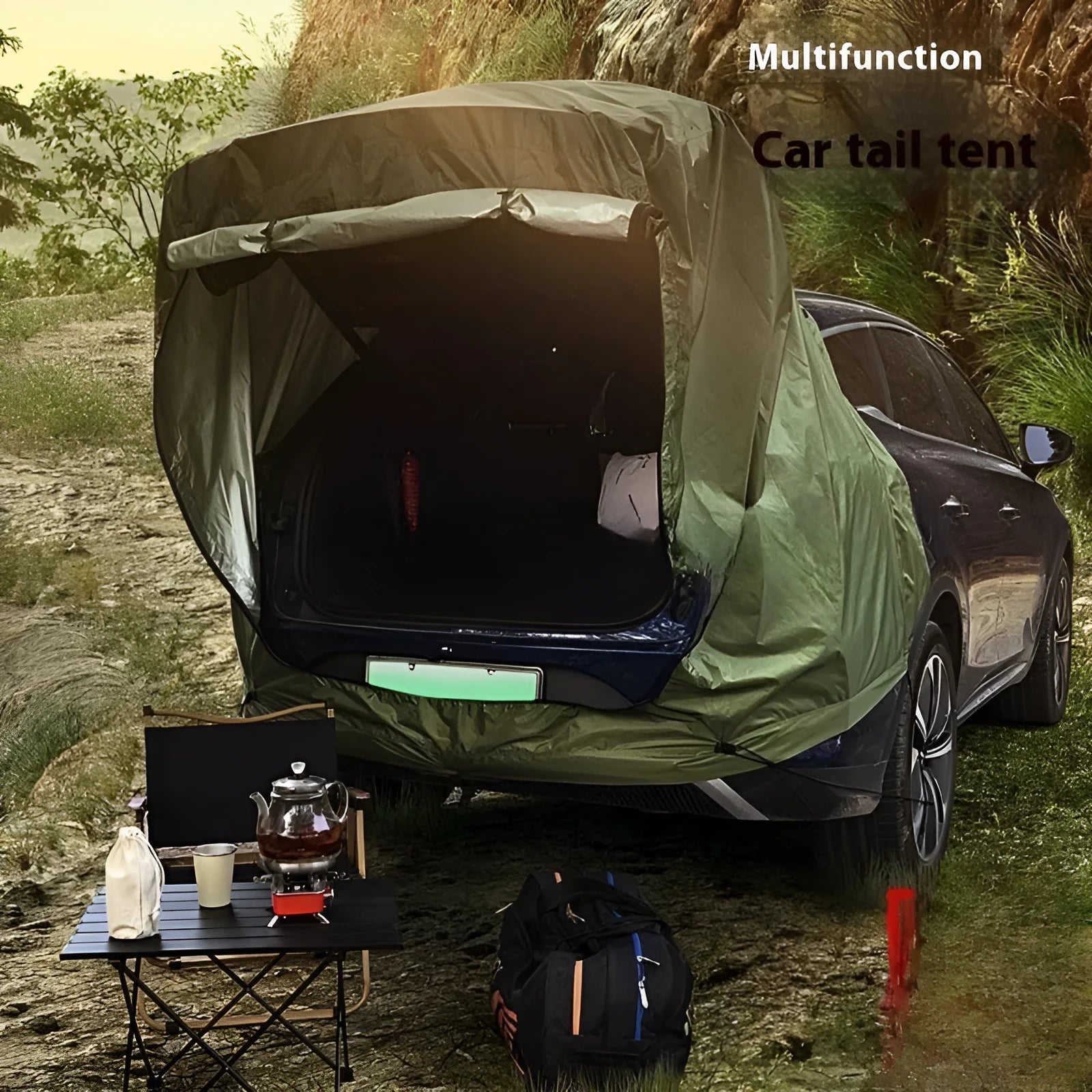 Outdoor camping rear tent extension in army green with jackstay and reflective wind rope for roof-mounted shelter