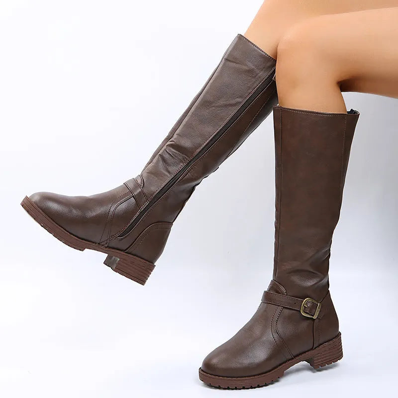 Yellow women's high-knee knight boots with a square heel, round toe, and a decorative buckle on the shaft.