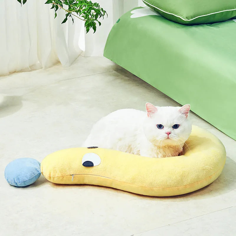 Blue and yellow 62cm by 39cm pet pillow for cats and dogs on light background