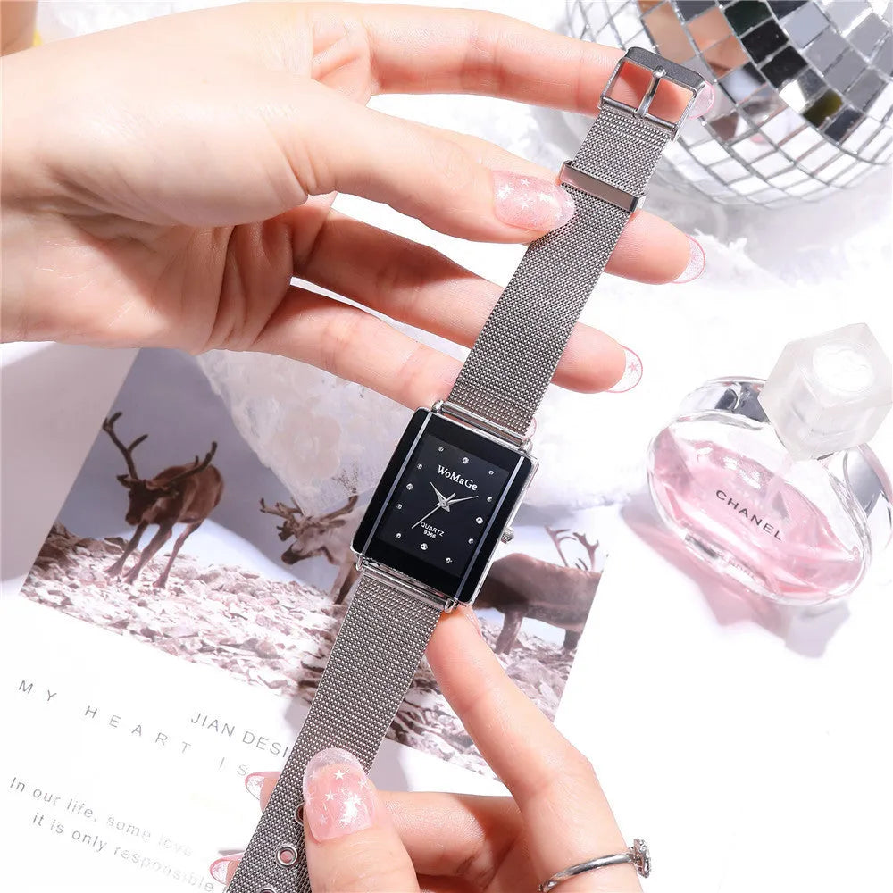 Rectangular dial couple watch set in black and white with slim 9mm case