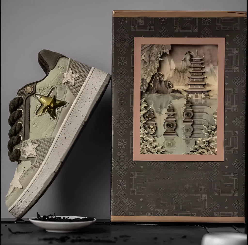 Green China-chic star pattern low top casual shoes with lace-up closure and rubber sole
