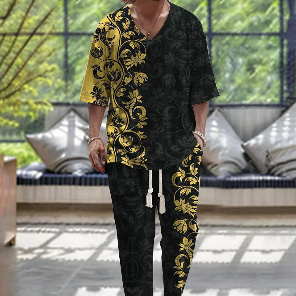 Thin polyester trousers suit with V-neck cropped sleeve jacket and matching trousers on a hanger.