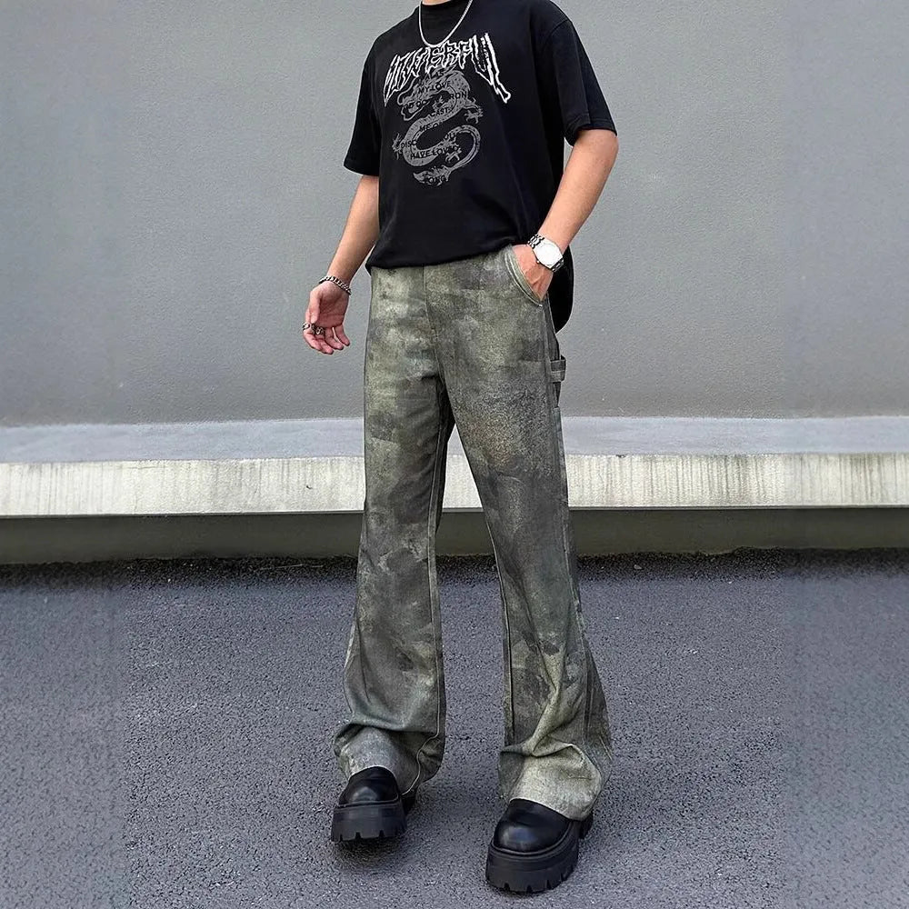 Men's retro camouflage pattern jeans in straight-leg cut with mid-rise waist