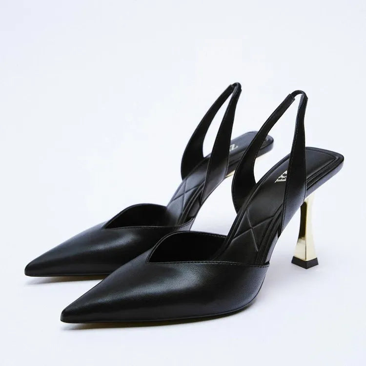 Women's pointed patent leather high heels in black and apricot colours with shallow mouth design