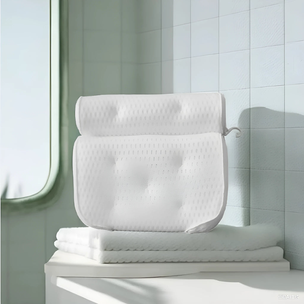 White bathtub pillow with 4D mesh and suction cups on a 3D material surface